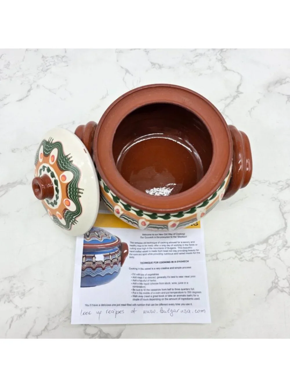 Bulgarian Gyuvetch Red Clay Pot Casserole Bulgar Handpainted Folk Art Cooker NEW